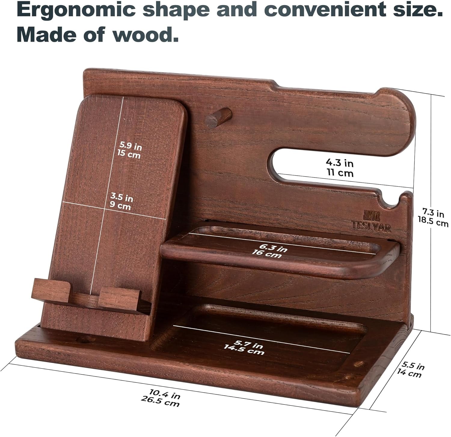 Stylish Wooden Phone Docking Station - Ultimate Nightstand Organizer with Key Holder, Wallet & Watch Stand for Men - Perfect Gift for Husband, Boyfriend & Dad (Brown)