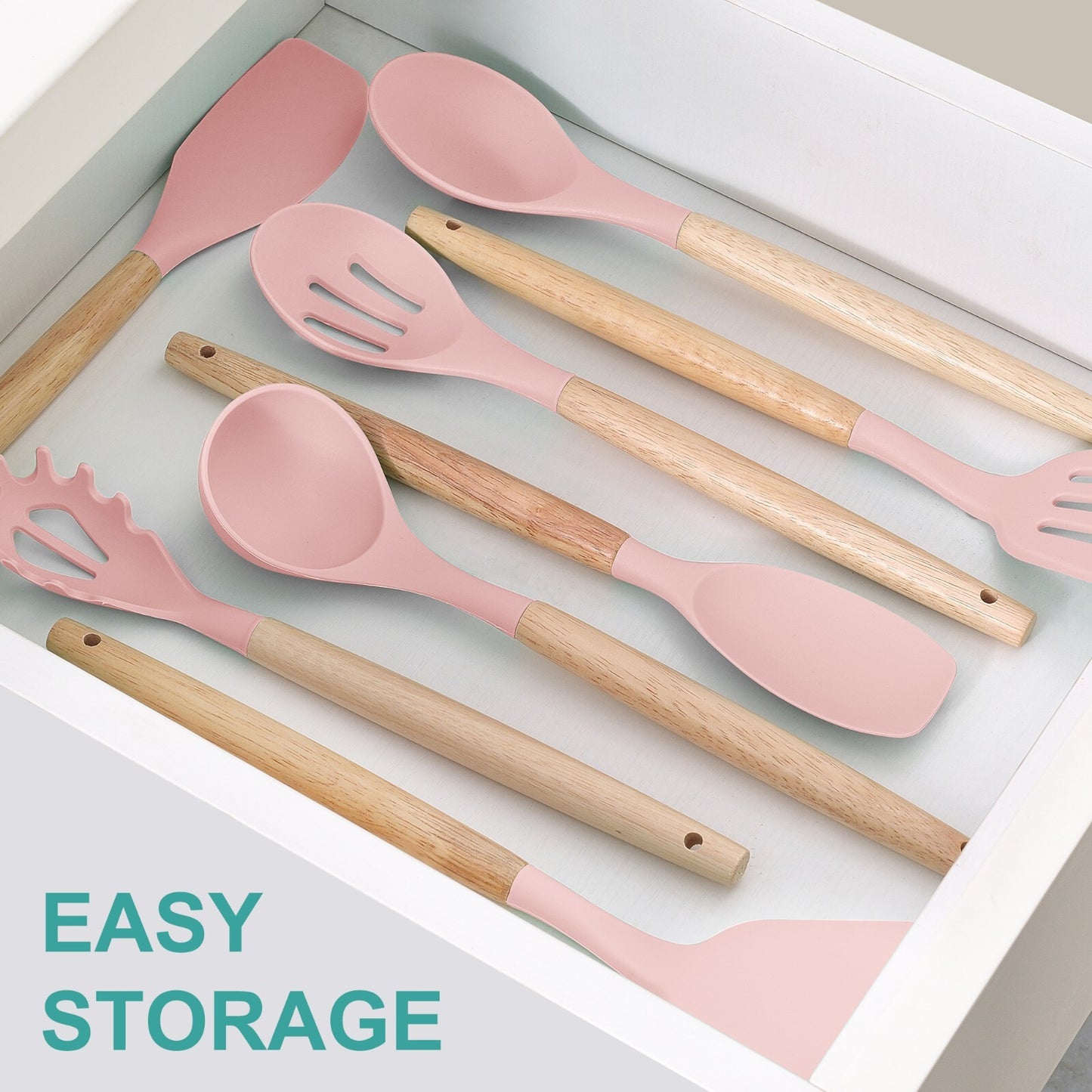 Stylish 14-Piece Silicone Kitchen Utensils Set with Wooden Holder - Gray, Pink & Green