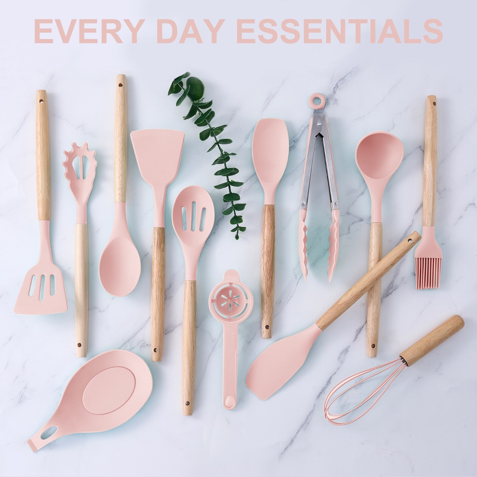Stylish 14-Piece Silicone Kitchen Utensils Set with Wooden Holder - Gray, Pink & Green
