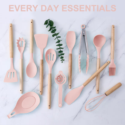Stylish 14-Piece Silicone Kitchen Utensils Set with Wooden Holder - Gray, Pink & Green