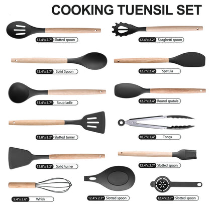 Stylish 14-Piece Silicone Kitchen Utensils Set with Wooden Holder - Gray, Pink & Green