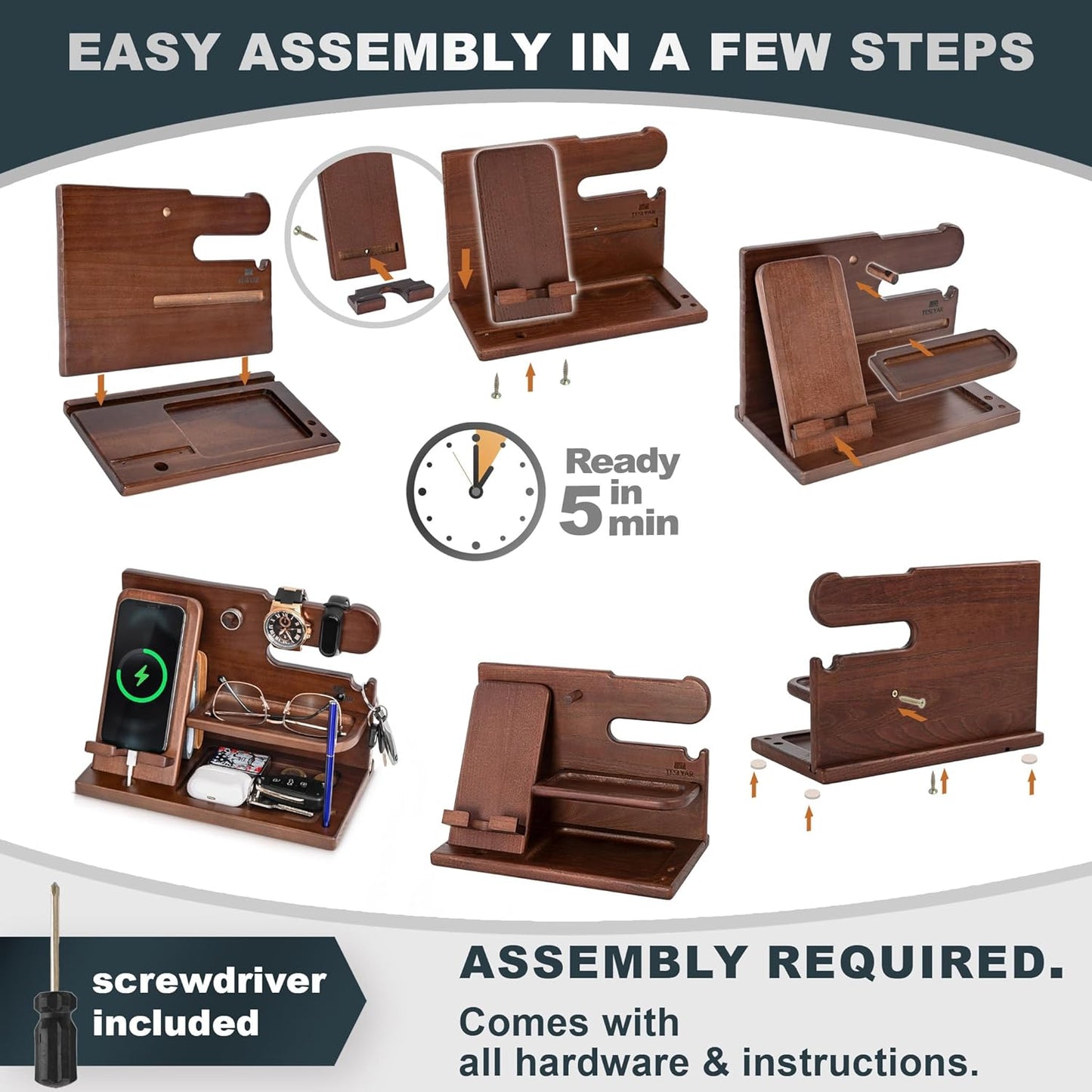 Stylish Wooden Phone Docking Station - Ultimate Nightstand Organizer with Key Holder, Wallet & Watch Stand for Men - Perfect Gift for Husband, Boyfriend & Dad (Brown)