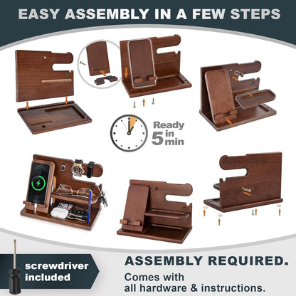 Stylish Wooden Phone Docking Station - Ultimate Nightstand Organizer with Key Holder, Wallet & Watch Stand for Men - Perfect Gift for Husband, Boyfriend & Dad (Brown)