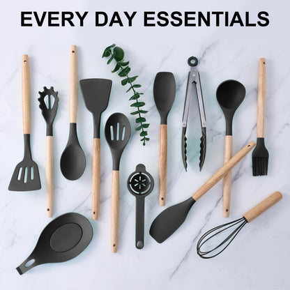 Stylish 14-Piece Silicone Kitchen Utensils Set with Wooden Holder - Gray, Pink & Green