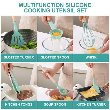 Stylish 14-Piece Silicone Kitchen Utensils Set with Wooden Holder - Gray, Pink & Green