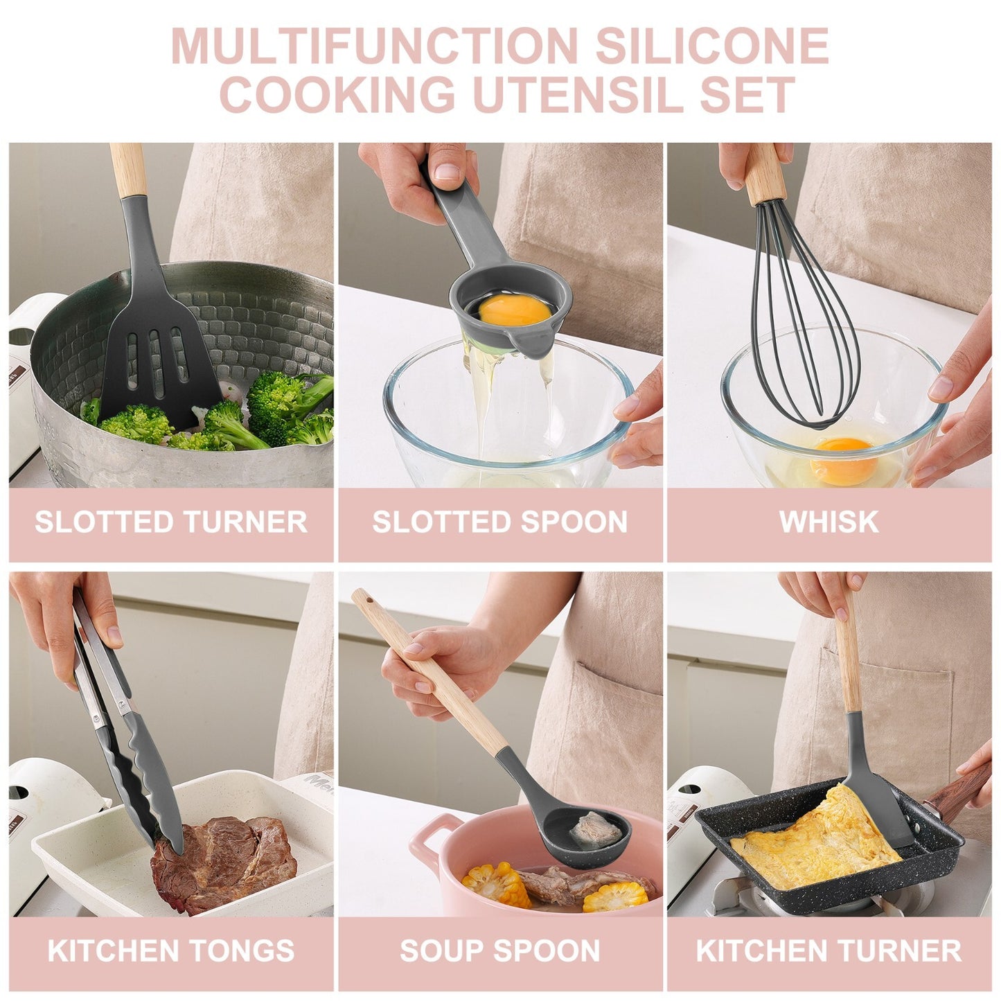 Stylish 14-Piece Silicone Kitchen Utensils Set with Wooden Holder - Gray, Pink & Green