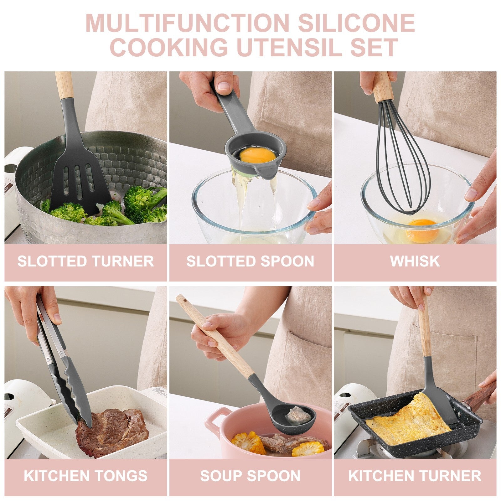 Stylish 14-Piece Silicone Kitchen Utensils Set with Wooden Holder - Gray, Pink & Green