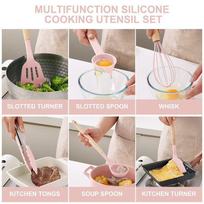 Stylish 14-Piece Silicone Kitchen Utensils Set with Wooden Holder - Gray, Pink & Green