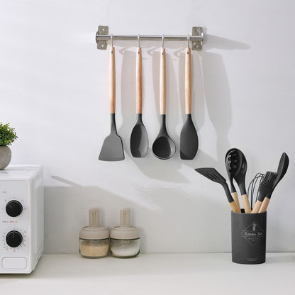 Stylish 14-Piece Silicone Kitchen Utensils Set with Wooden Holder - Gray, Pink & Green