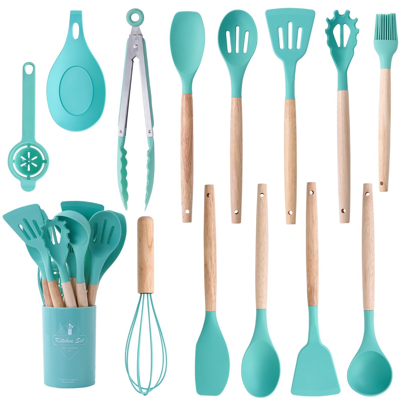 Stylish 14-Piece Silicone Kitchen Utensils Set with Wooden Holder - Gray, Pink & Green