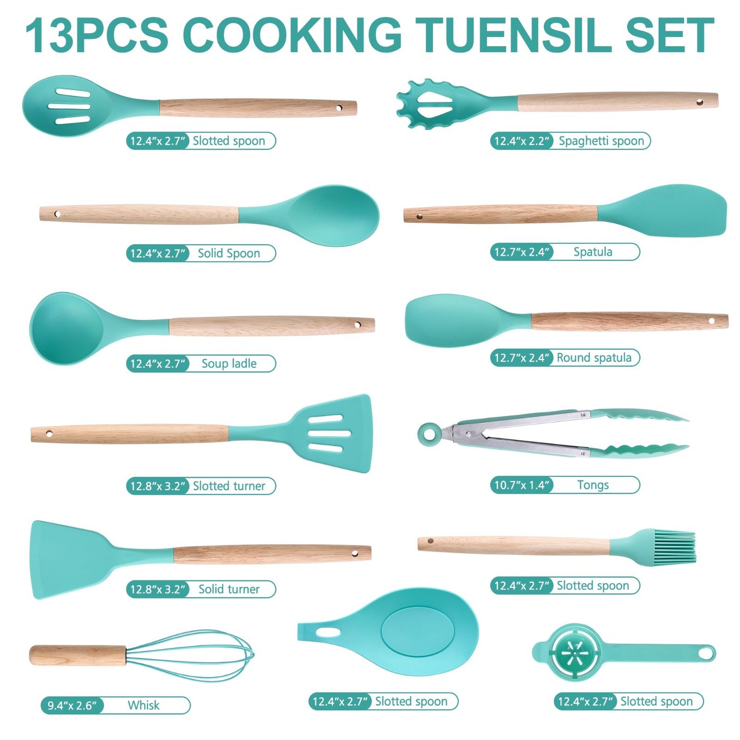 Stylish 14-Piece Silicone Kitchen Utensils Set with Wooden Holder - Gray, Pink & Green