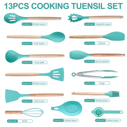 Stylish 14-Piece Silicone Kitchen Utensils Set with Wooden Holder - Gray, Pink & Green