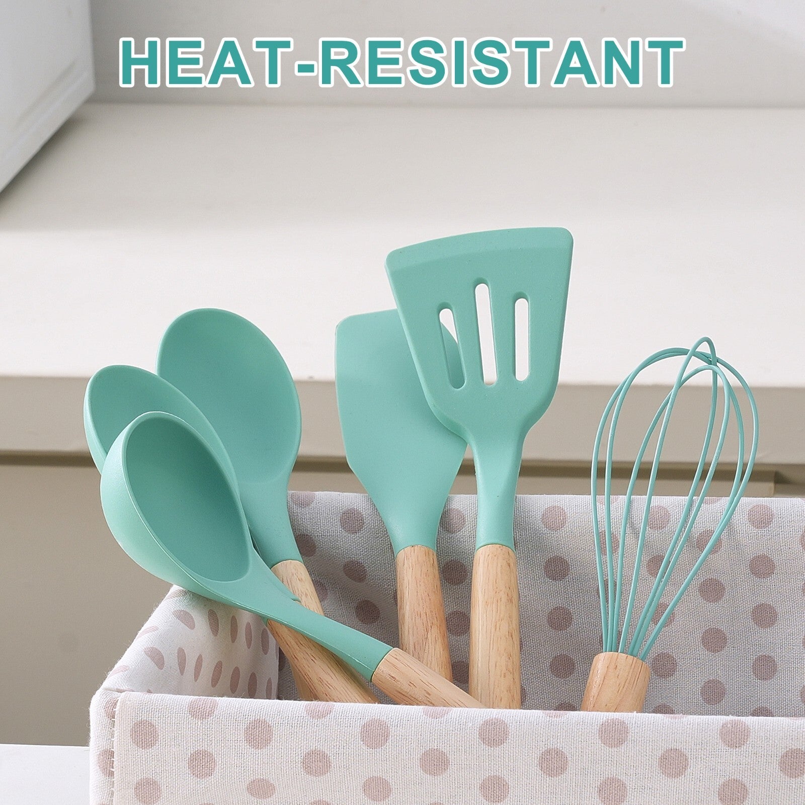 Stylish 14-Piece Silicone Kitchen Utensils Set with Wooden Holder - Gray, Pink & Green