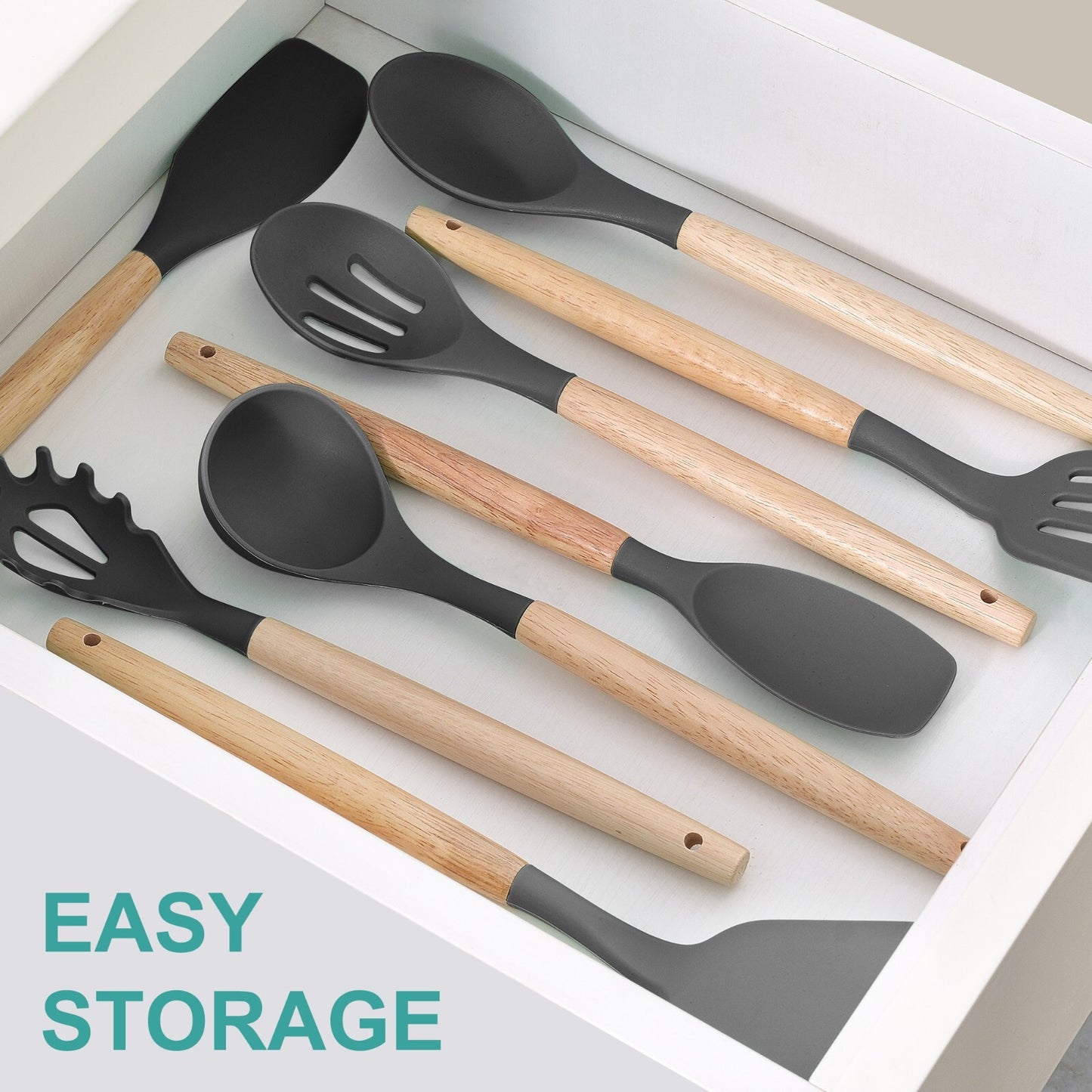 Stylish 14-Piece Silicone Kitchen Utensils Set with Wooden Holder - Gray, Pink & Green