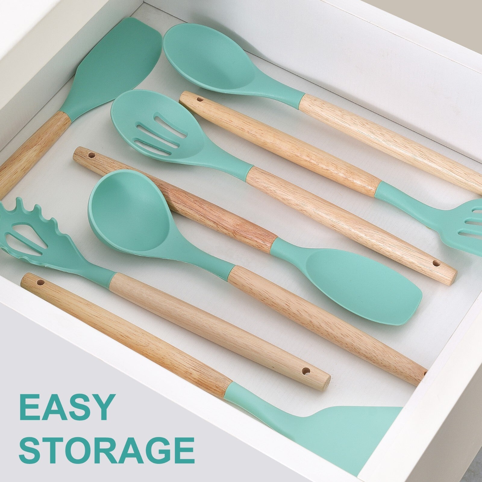 Stylish 14-Piece Silicone Kitchen Utensils Set with Wooden Holder - Gray, Pink & Green