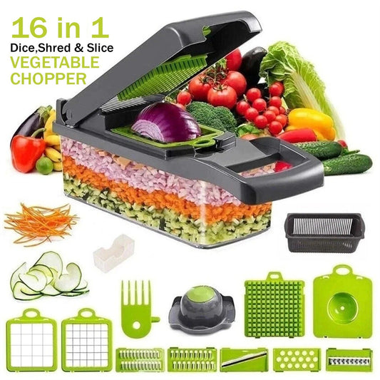 Ultimate 16-in-1 Vegetable Chopper & Fruit Salad Mandolin Slicer - Versatile Food Dicer, Cutter & Peeler