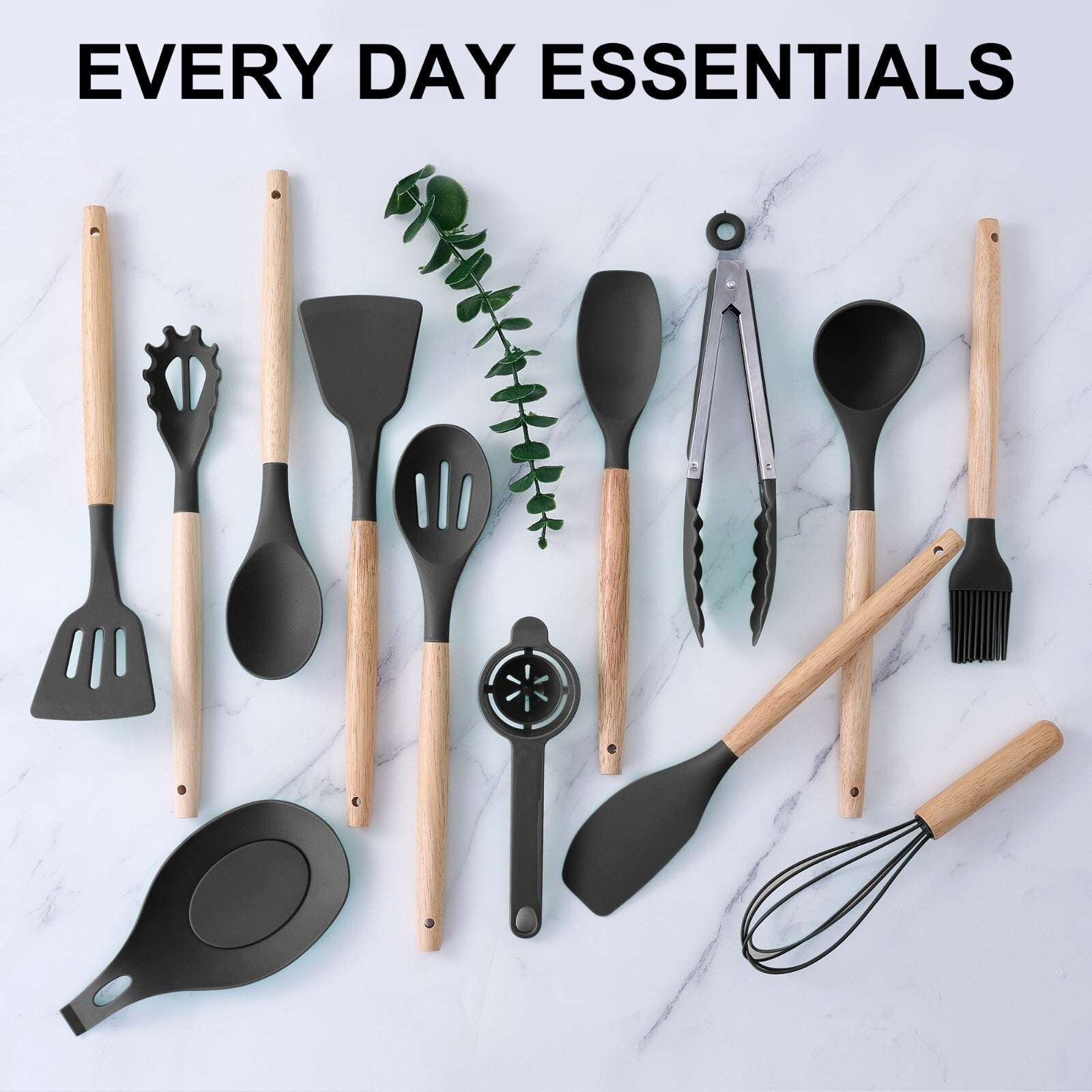 Stylish 14-Piece Silicone Kitchen Utensils Set with Wooden Holder - Gray, Pink & Green