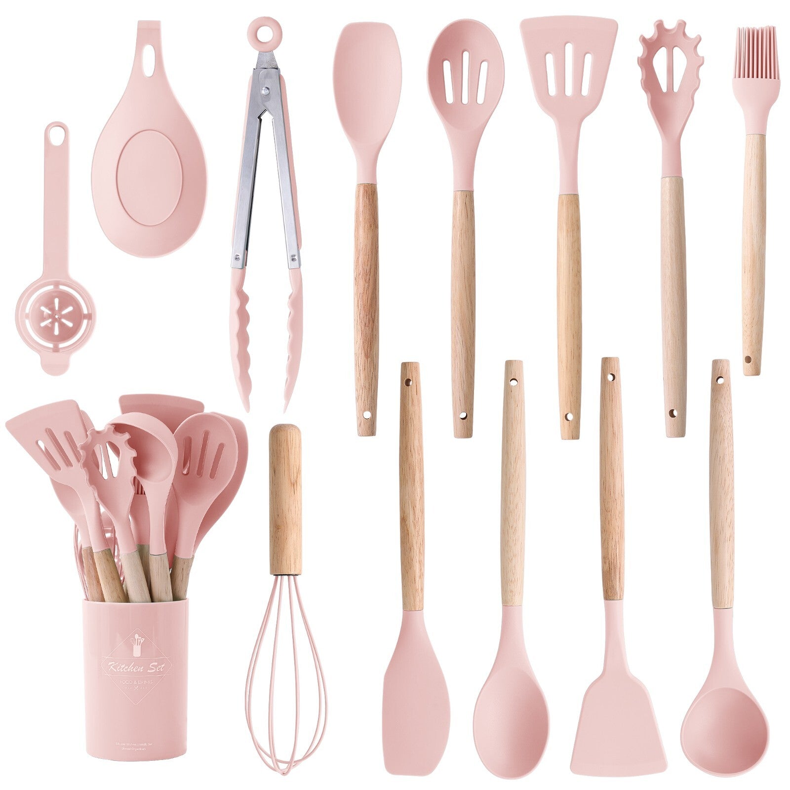 Stylish 14-Piece Silicone Kitchen Utensils Set with Wooden Holder - Gray, Pink & Green