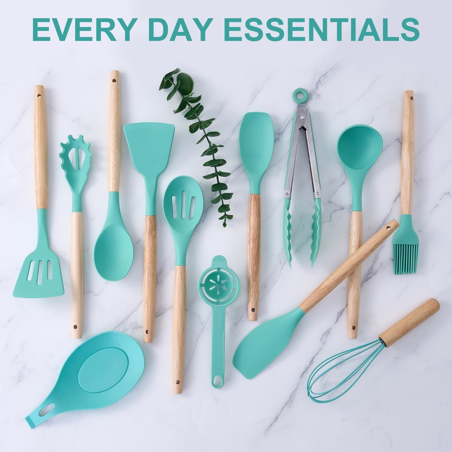 Stylish 14-Piece Silicone Kitchen Utensils Set with Wooden Holder - Gray, Pink & Green