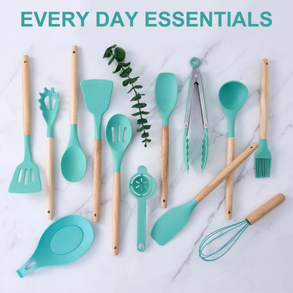 Stylish 14-Piece Silicone Kitchen Utensils Set with Wooden Holder - Gray, Pink & Green
