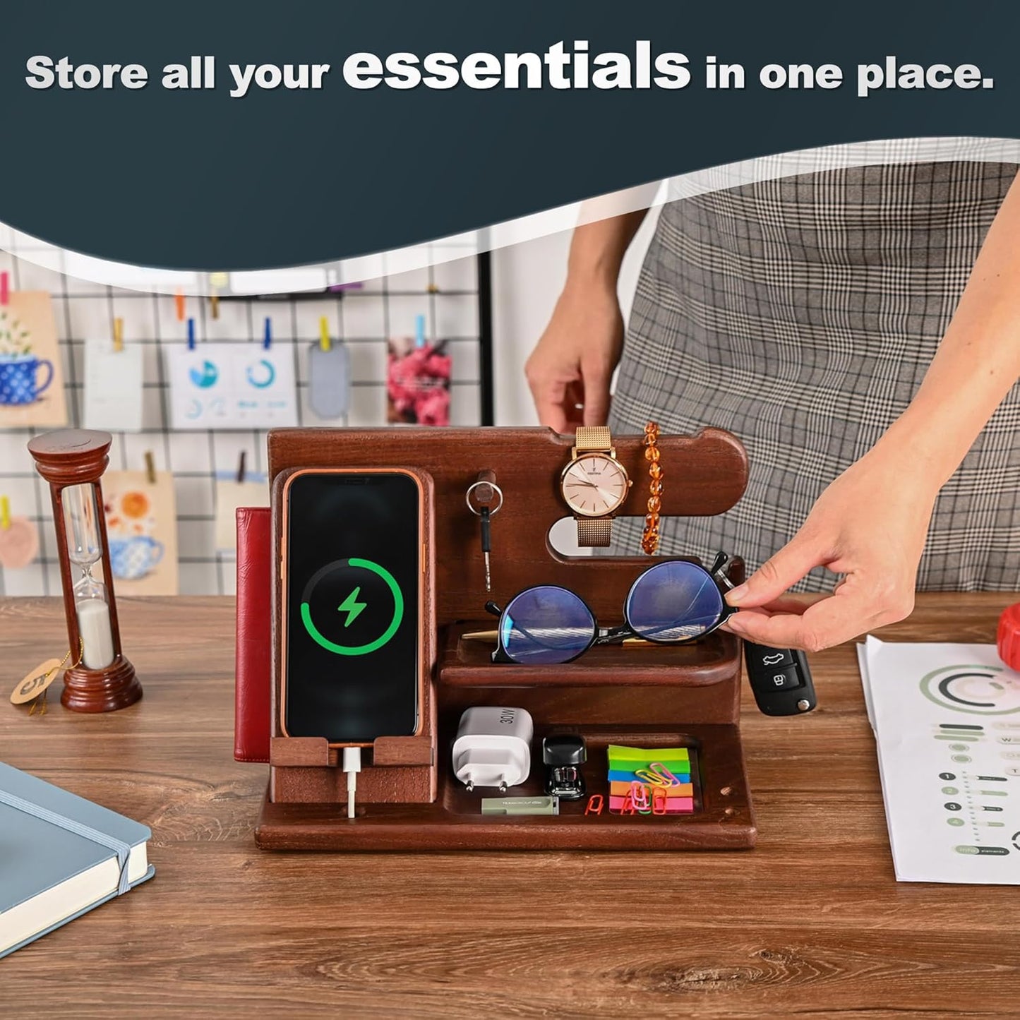 Stylish Wooden Phone Docking Station - Ultimate Nightstand Organizer with Key Holder, Wallet & Watch Stand for Men - Perfect Gift for Husband, Boyfriend & Dad (Brown)