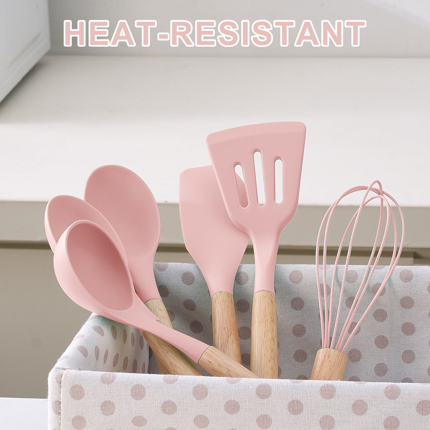 Stylish 14-Piece Silicone Kitchen Utensils Set with Wooden Holder - Gray, Pink & Green