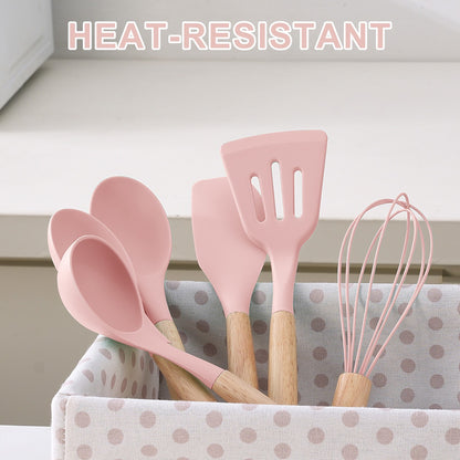 Stylish 14-Piece Silicone Kitchen Utensils Set with Wooden Holder - Gray, Pink & Green