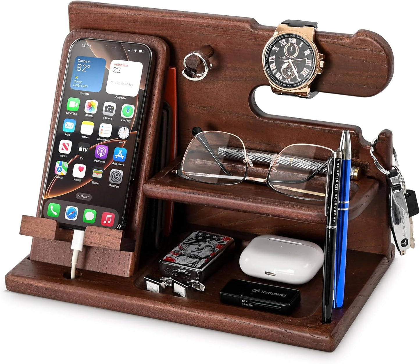 Stylish Wooden Phone Docking Station - Ultimate Nightstand Organizer with Key Holder, Wallet & Watch Stand for Men - Perfect Gift for Husband, Boyfriend & Dad (Brown)