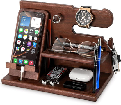 Stylish Wooden Phone Docking Station - Ultimate Nightstand Organizer with Key Holder, Wallet & Watch Stand for Men - Perfect Gift for Husband, Boyfriend & Dad (Brown)