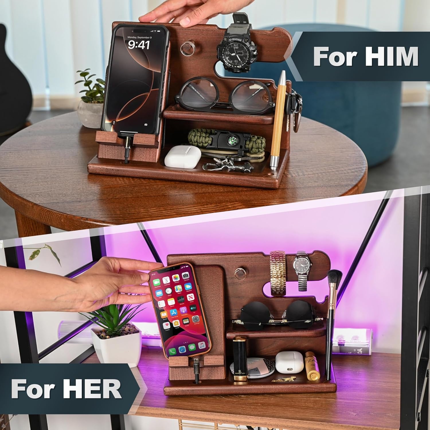 Stylish Wooden Phone Docking Station - Ultimate Nightstand Organizer with Key Holder, Wallet & Watch Stand for Men - Perfect Gift for Husband, Boyfriend & Dad (Brown)
