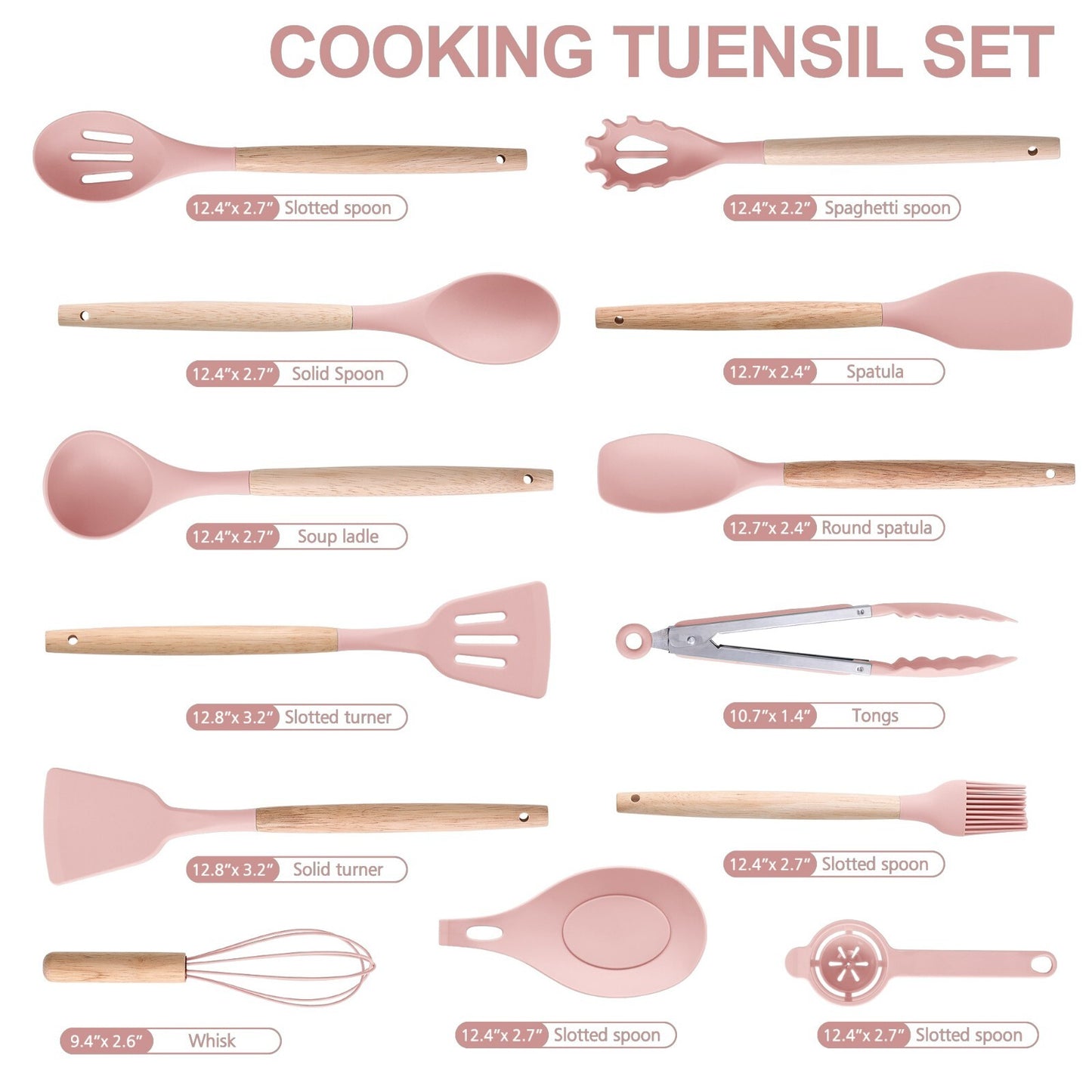 Stylish 14-Piece Silicone Kitchen Utensils Set with Wooden Holder - Gray, Pink & Green