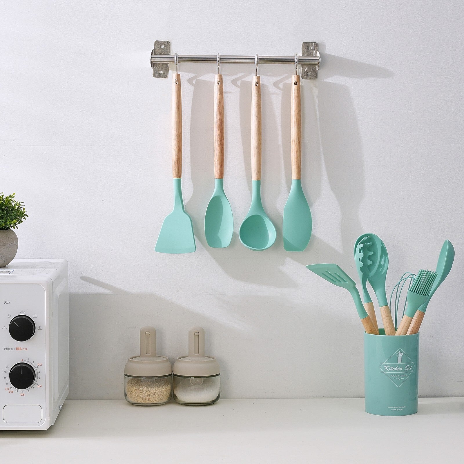 Stylish 14-Piece Silicone Kitchen Utensils Set with Wooden Holder - Gray, Pink & Green