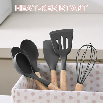 Stylish 14-Piece Silicone Kitchen Utensils Set with Wooden Holder - Gray, Pink & Green
