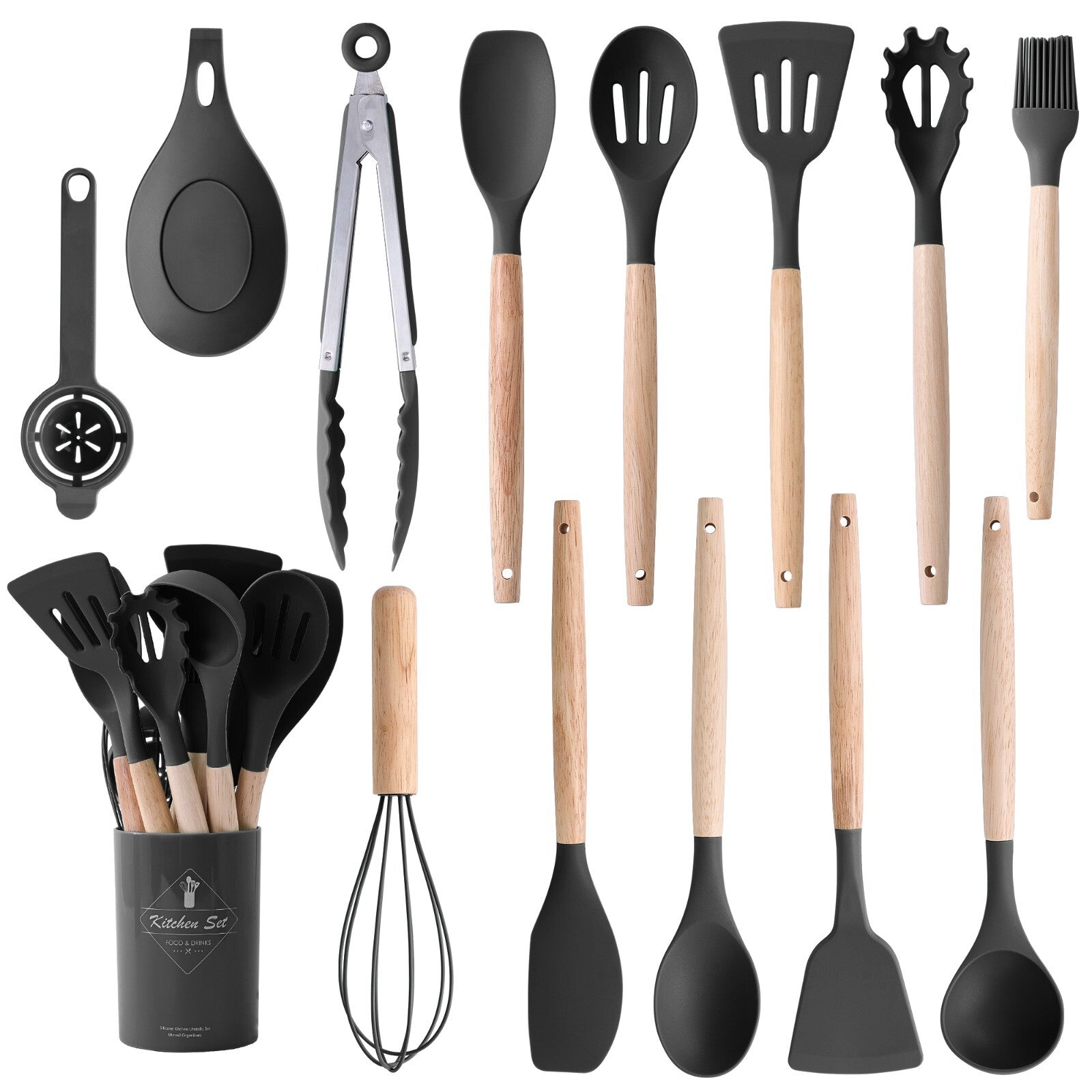 Stylish 14-Piece Silicone Kitchen Utensils Set with Wooden Holder - Gray, Pink & Green