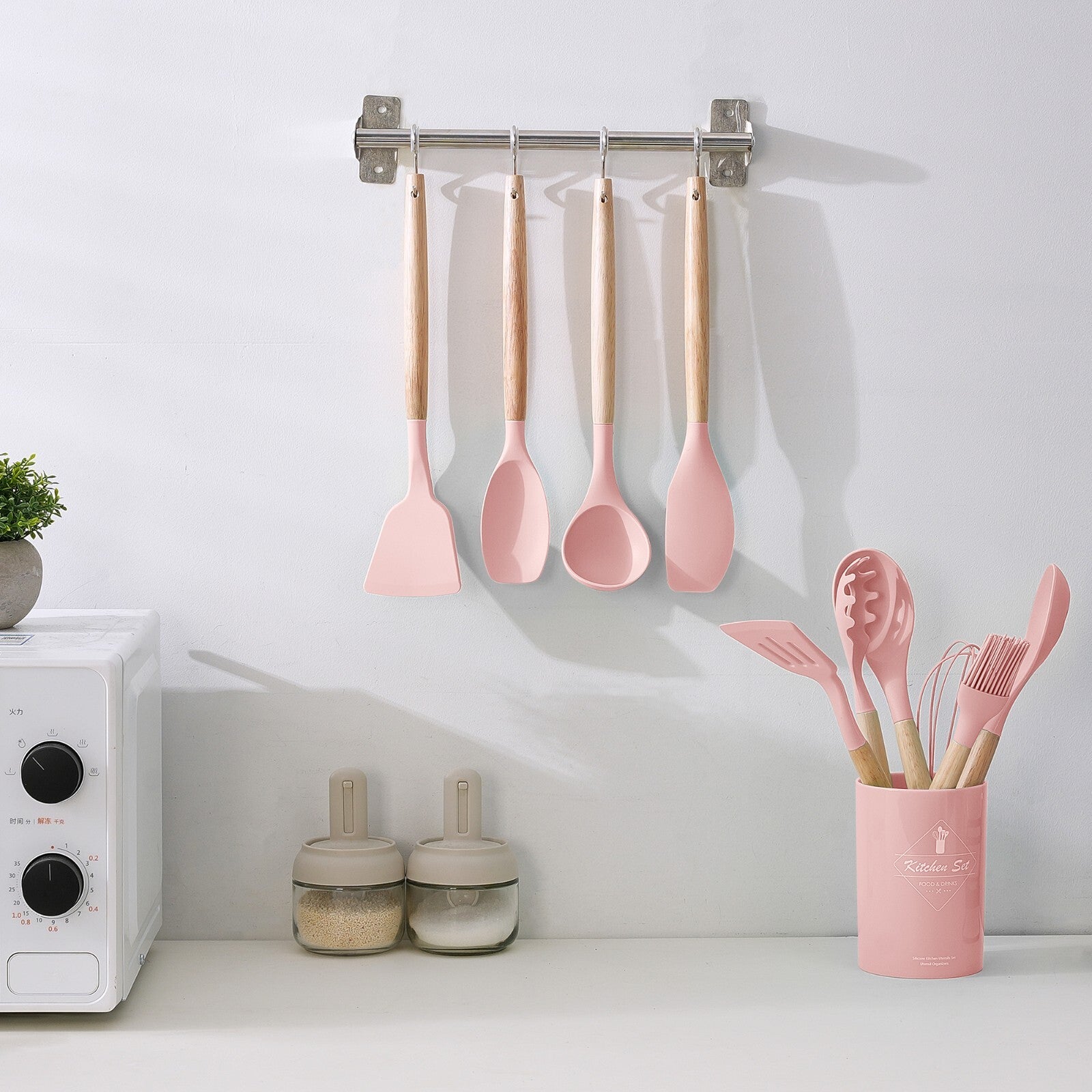 Stylish 14-Piece Silicone Kitchen Utensils Set with Wooden Holder - Gray, Pink & Green