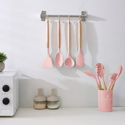 Stylish 14-Piece Silicone Kitchen Utensils Set with Wooden Holder - Gray, Pink & Green