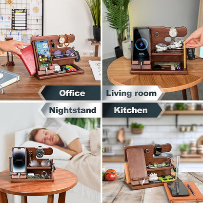 Stylish Wooden Phone Docking Station - Ultimate Nightstand Organizer with Key Holder, Wallet & Watch Stand for Men - Perfect Gift for Husband, Boyfriend & Dad (Brown)