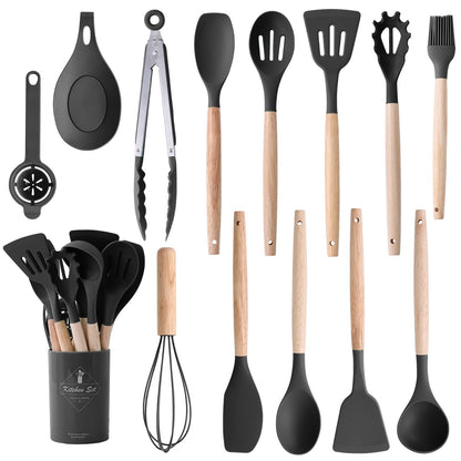 Stylish 14-Piece Silicone Kitchen Utensils Set with Wooden Holder - Gray, Pink & Green