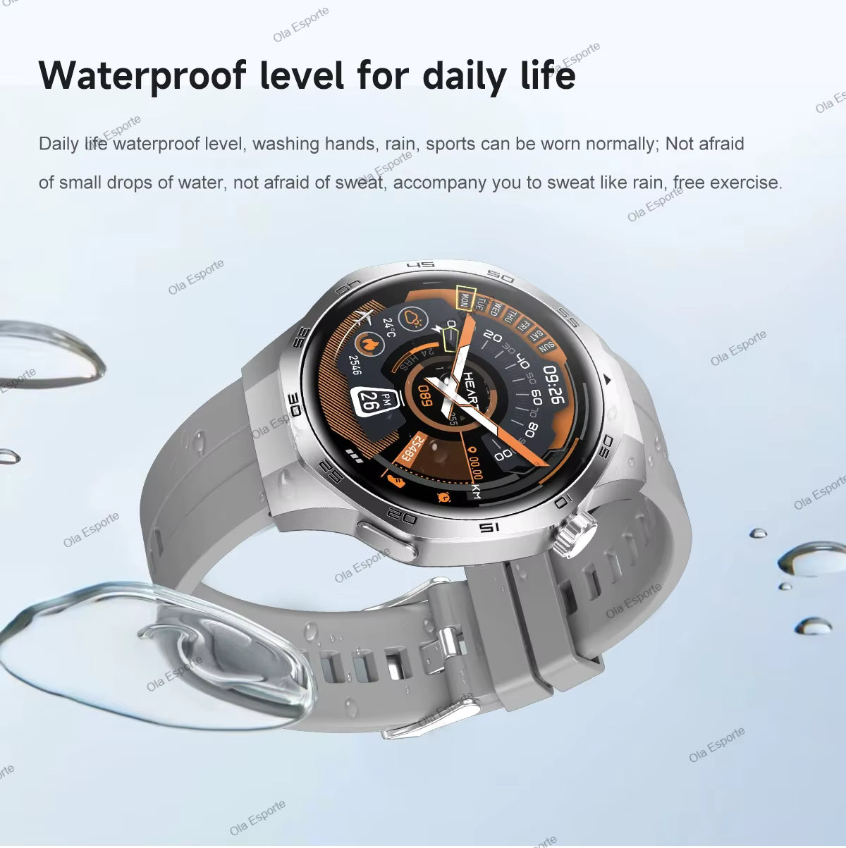 Smartwatch with a detailed face on a water droplet background, emphasizing waterproof feature.