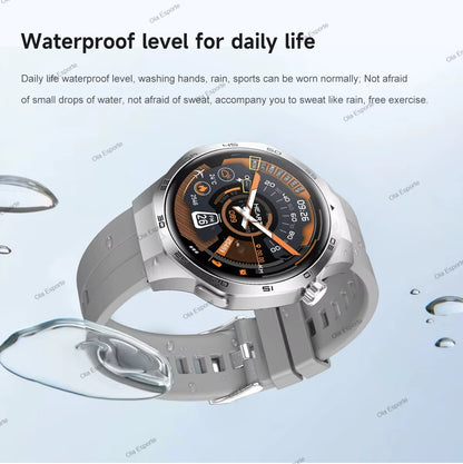 Smartwatch with a detailed face on a water droplet background, emphasizing waterproof feature.
